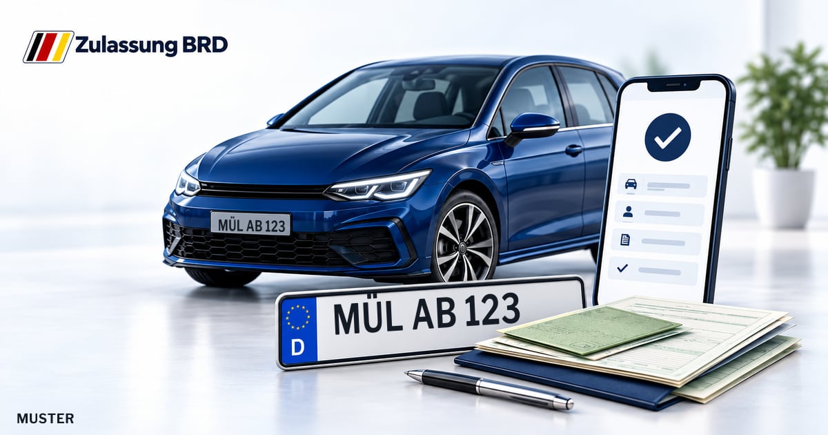 Online Fahrzeugzulassung in Landkreis Breisgau-Hochschwarzwald: Musterkennzeichen MÜL AB 123, Auto und Fahrzeugpapiere und Smartphone. Illustration mit Logo von Zulassung BRD.